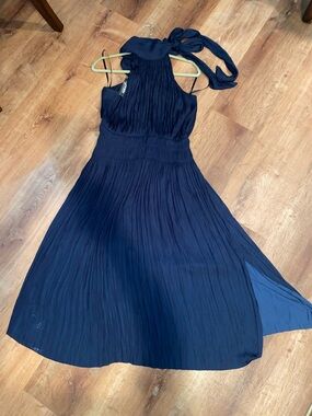 White House Black Market Navy Halter Midi Dress with Tie Neck Medium